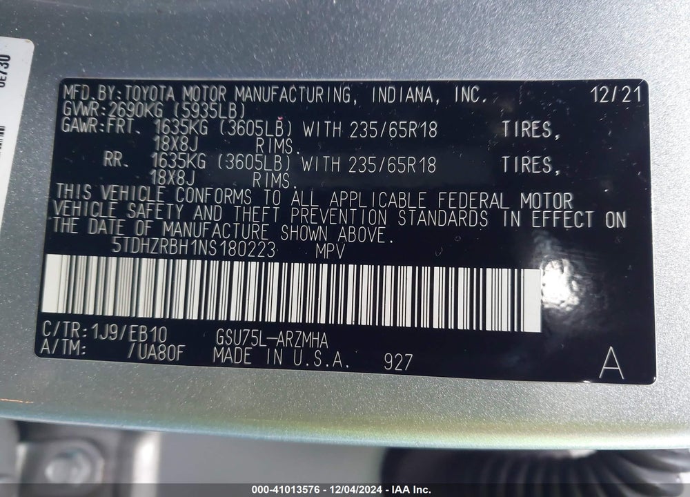 2022 TOYOTA HIGHLANDER XLE VIN: 5TDHZRBH1NS180223