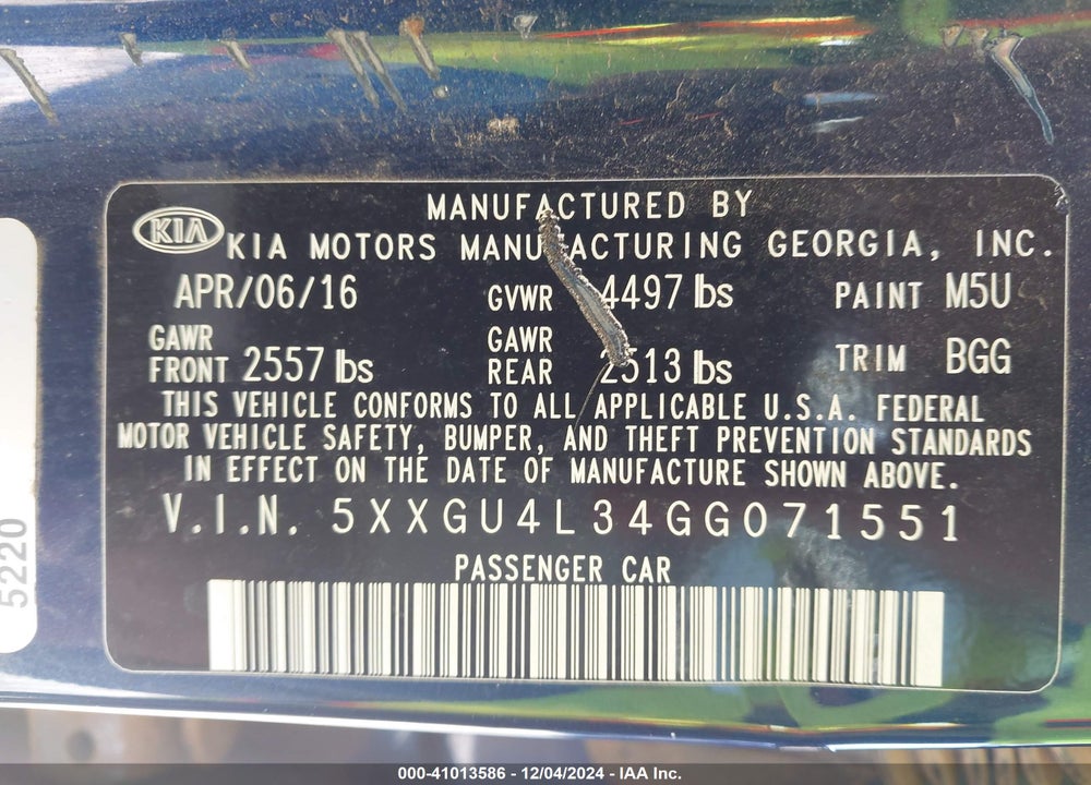 2016 KIA OPTIMA EX VIN: 5XXGU4L34GG071551