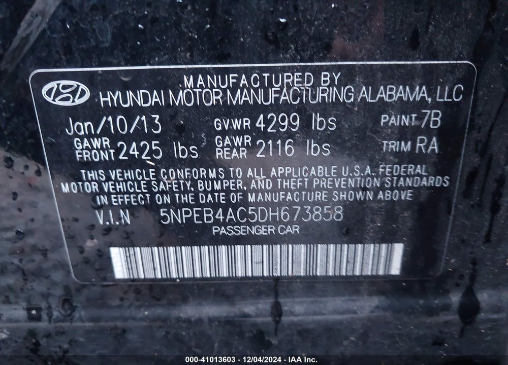 2013 HYUNDAI SONATA VIN: 5NPEB4AC5DH673858