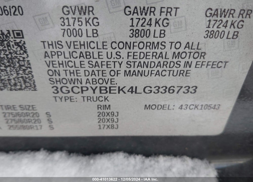 2020 CHEVROLET SILVERADO 1500 VIN: 3GCPYBEK4LG336733