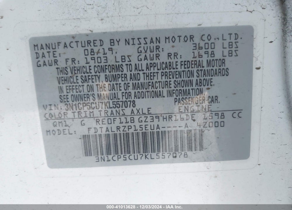 2019 NISSAN KICKS S VIN: 3N1CP5CU7KL557078