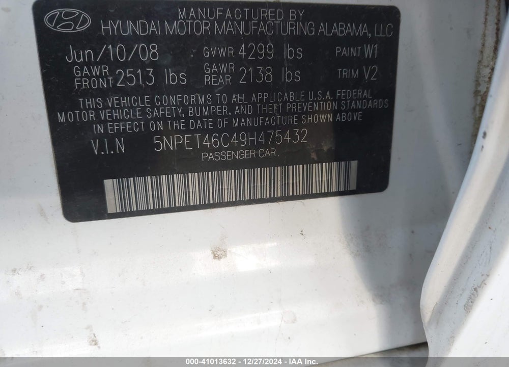 2009 HYUNDAI SONATA GLS VIN: 5NPET46C49H475432