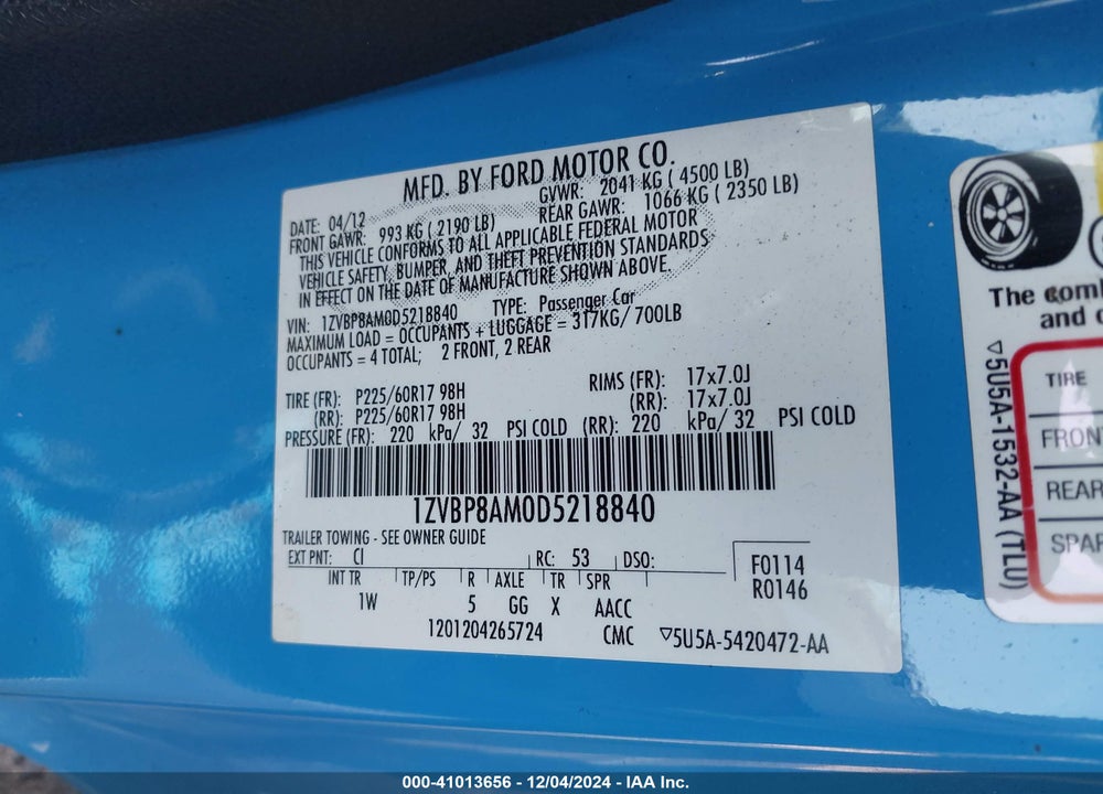 2013 FORD MUSTANG VIN: 1ZVBP8AM0D5218840