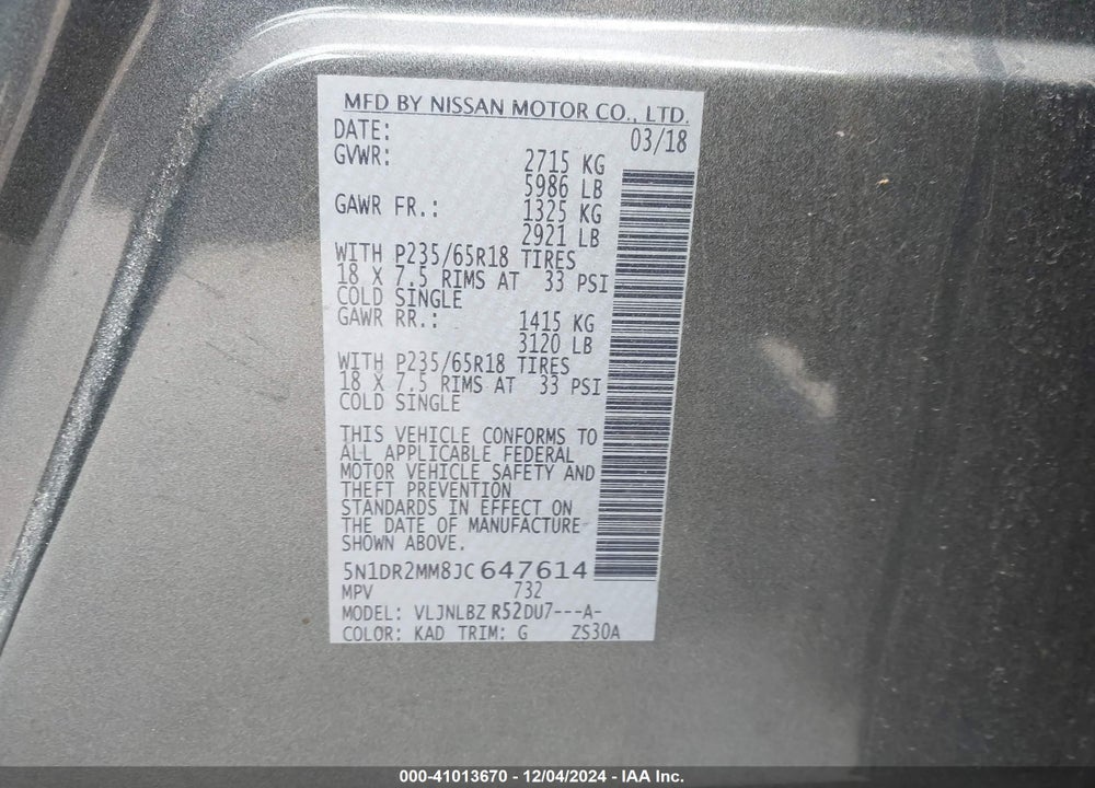 2018 NISSAN PATHFINDER S VIN: 5N1DR2MM8JC647614