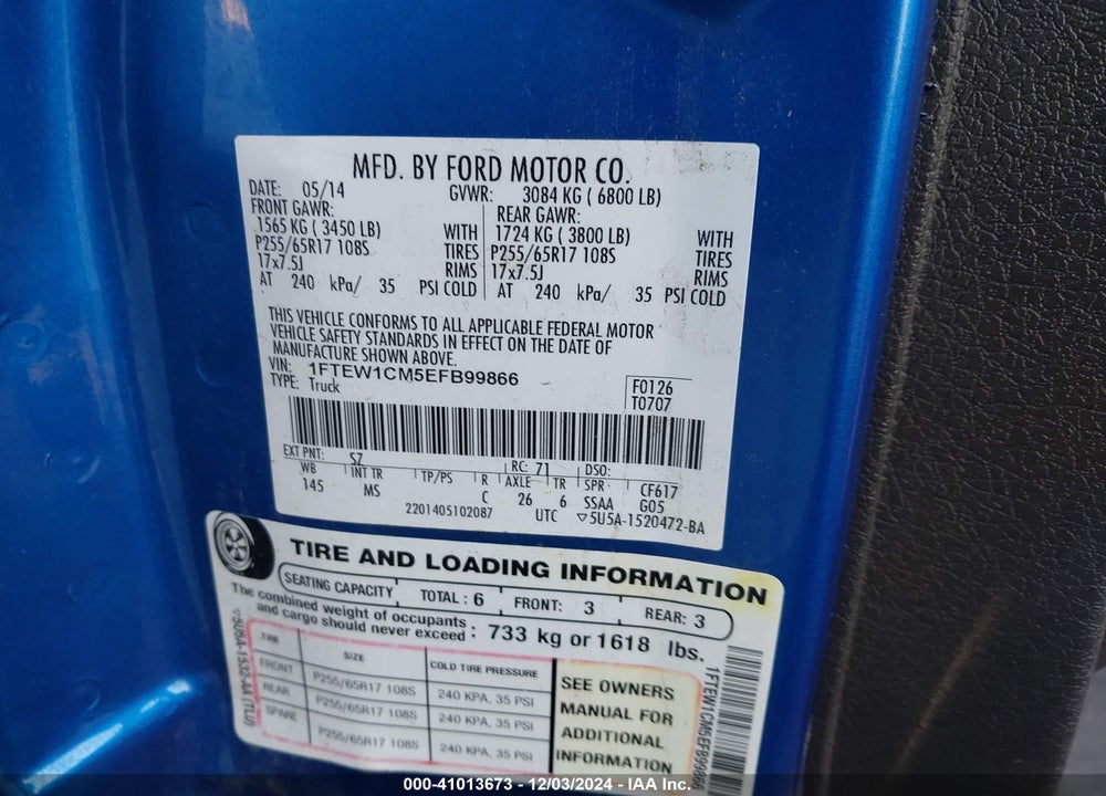 2014 FORD F-150 XLT VIN: 1FTEW1CM5EFB99866