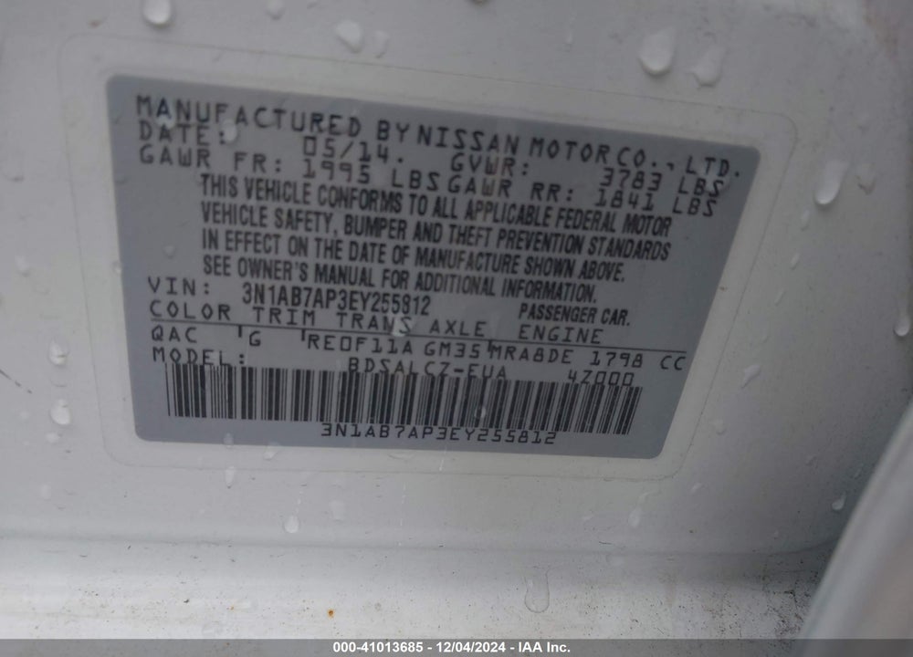 2014 NISSAN SENTRA VIN: 3N1AB7AP3EY255812