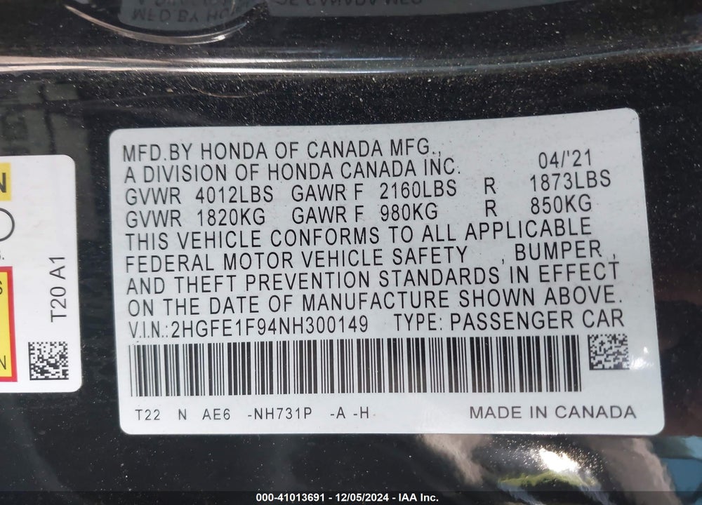 2022 HONDA CIVIC TOURING VIN: 2HGFE1F94NH300149