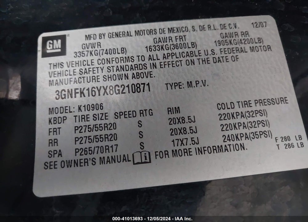 2008 CHEVROLET SUBURBAN 1500 LTZ VIN: 3GNFK16YX8G210871