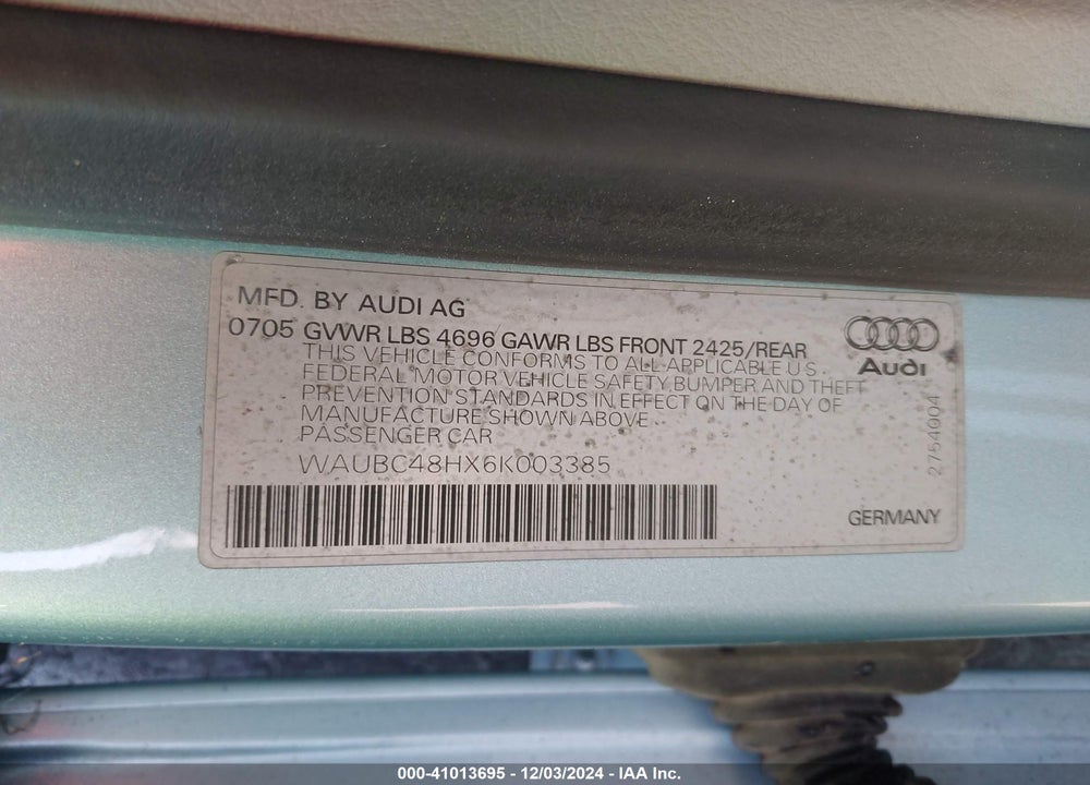 2006 AUDI A4 VIN: WAUBC48HX6K003385