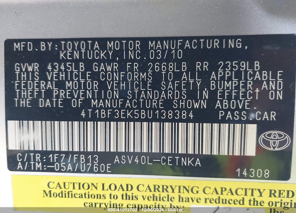 2011 TOYOTA CAMRY LE VIN: 4T1BF3EK5BU138384