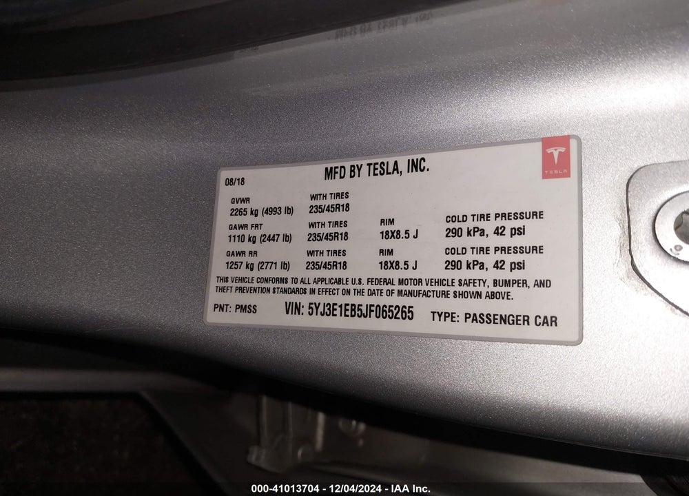 2018 TESLA MODEL 3 LONG RANGE/PERFORMANCE VIN: 5YJ3E1EB5JF065265