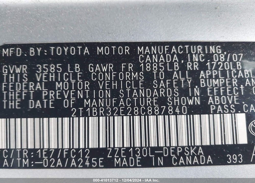 2008 TOYOTA COROLLA S VIN: 2T1BR32E28C887840