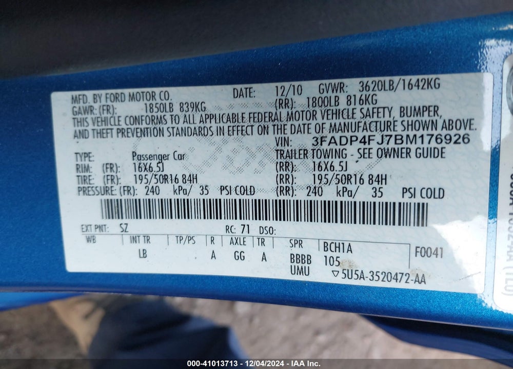 2011 FORD FIESTA SES VIN: 3FADP4FJ7BM176926