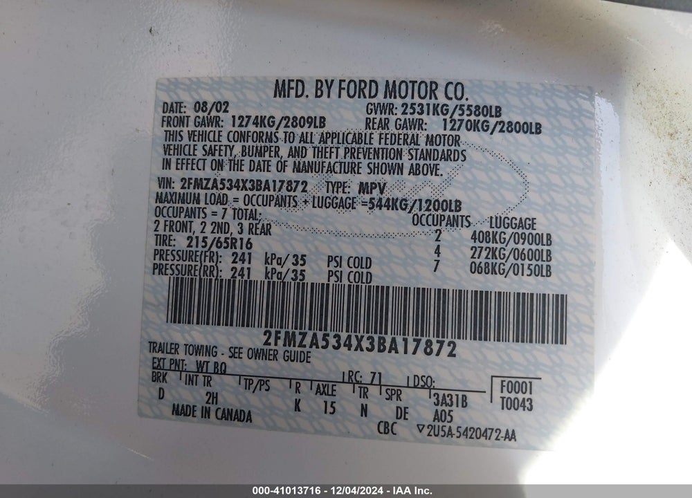 2003 FORD WINDSTAR SEL VIN: 2FMZA534X3BA17872