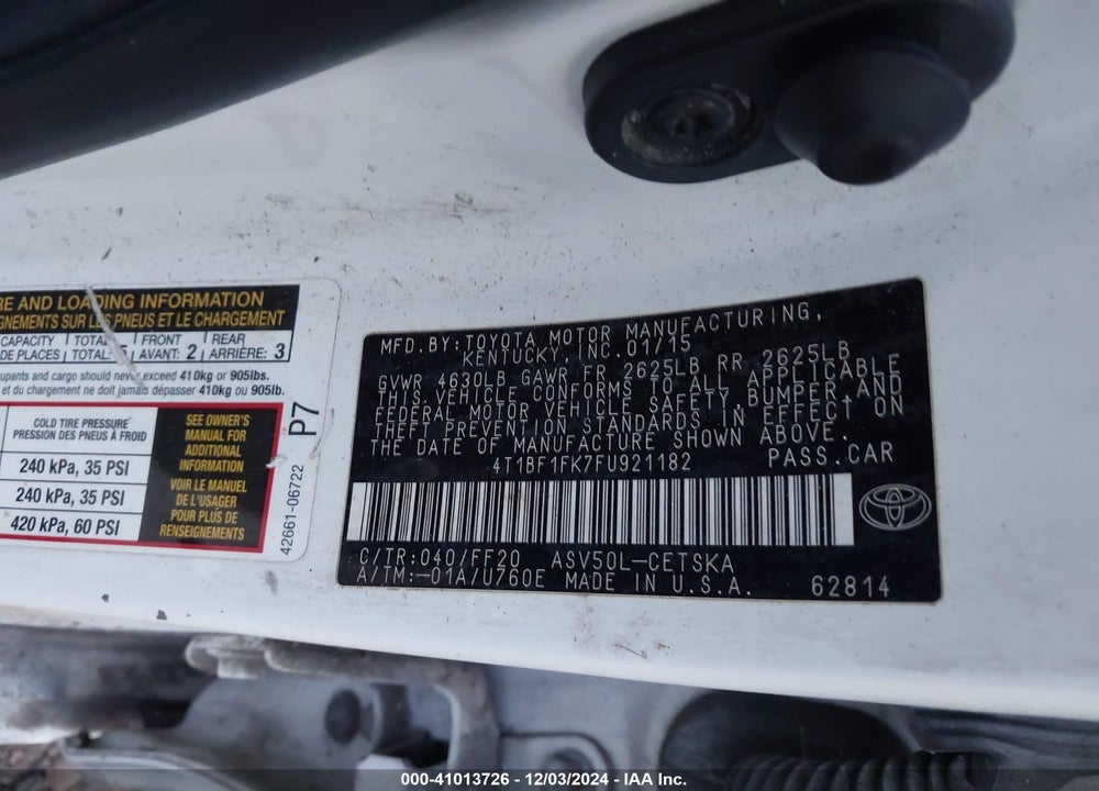 2015 TOYOTA CAMRY SE VIN: 4T1BF1FK7FU921182