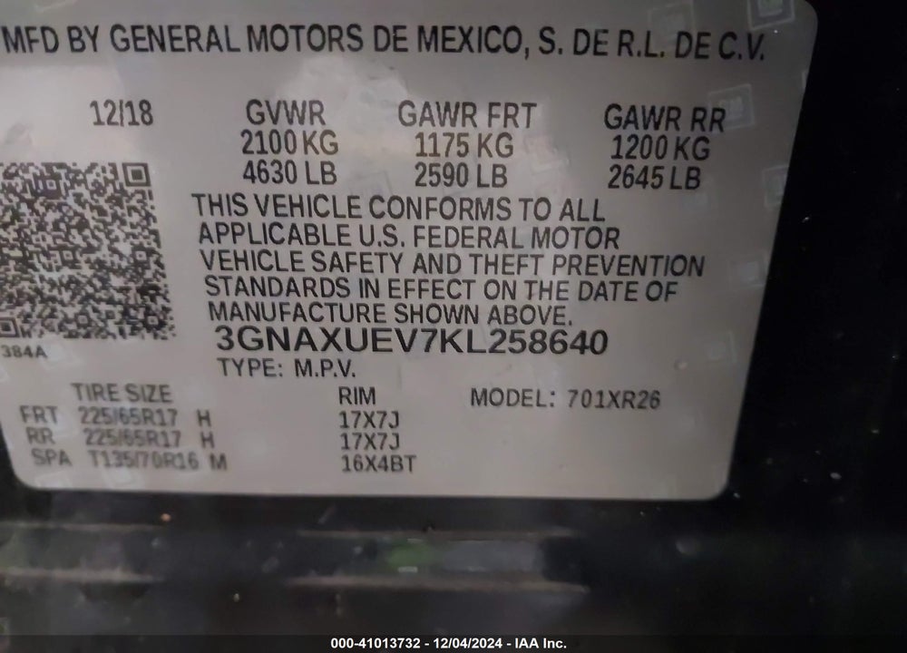 2019 CHEVROLET EQUINOX LT VIN: 3GNAXUEV7KL258640