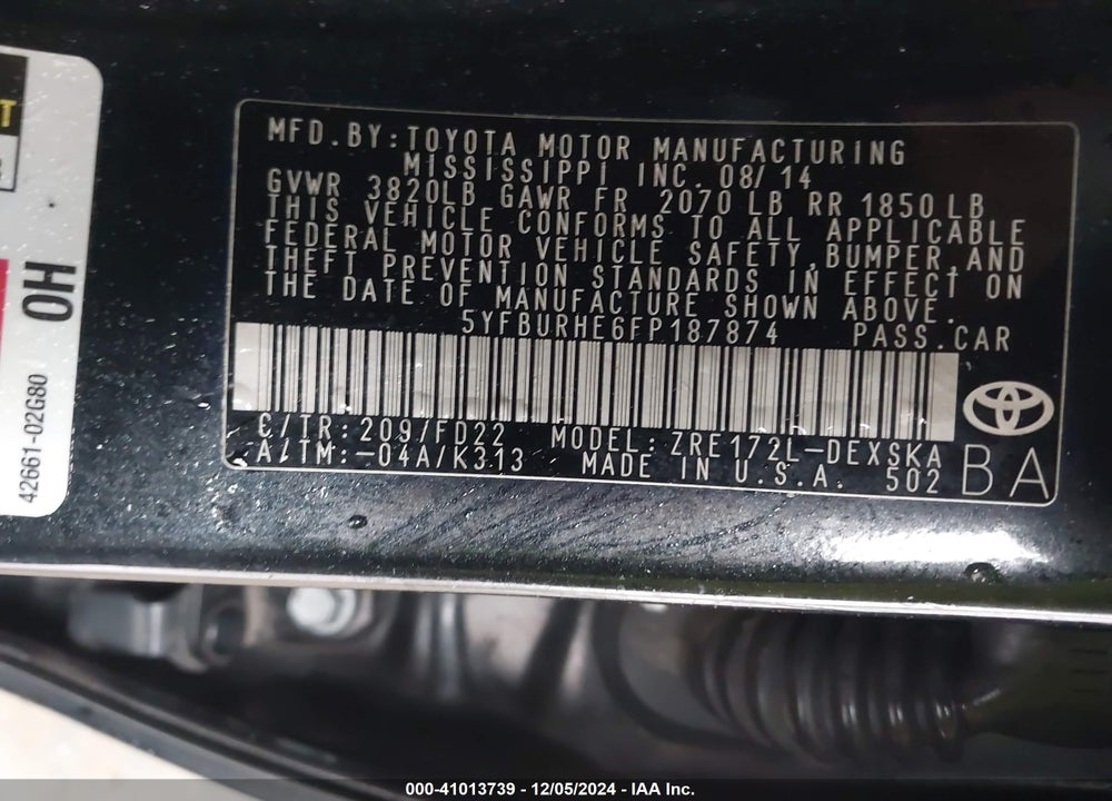 2015 TOYOTA COROLLA S PLUS VIN: 5YFBURHE6FP187874