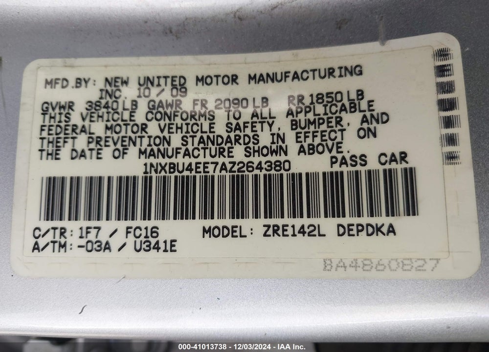 2010 TOYOTA COROLLA LE VIN: 1NXBU4EE7AZ264380