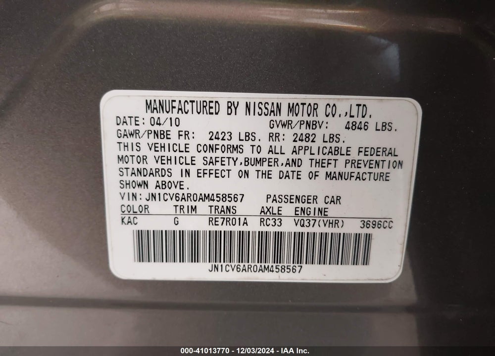 2010 INFINITI G37X VIN: JN1CV6AR0AM458567