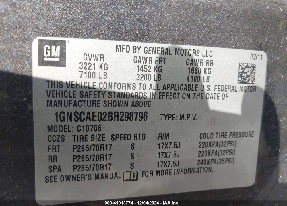 2011 CHEVROLET TAHOE LS VIN: 1GNSCAE02BR298796