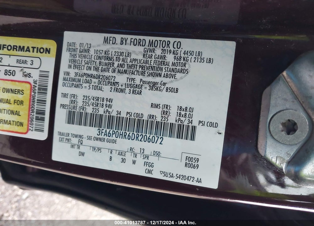 2013 FORD FUSION SE VIN: 3FA6P0HR6DR206072