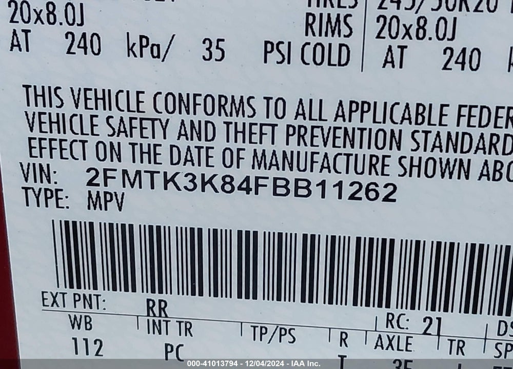 2015 FORD EDGE TITANIUM VIN: 2FMTK3K84FBB11262