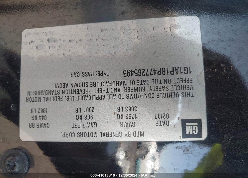 2007 CHEVROLET COBALT SS SUPERCHARGED VIN: 1G1AP18P477285495