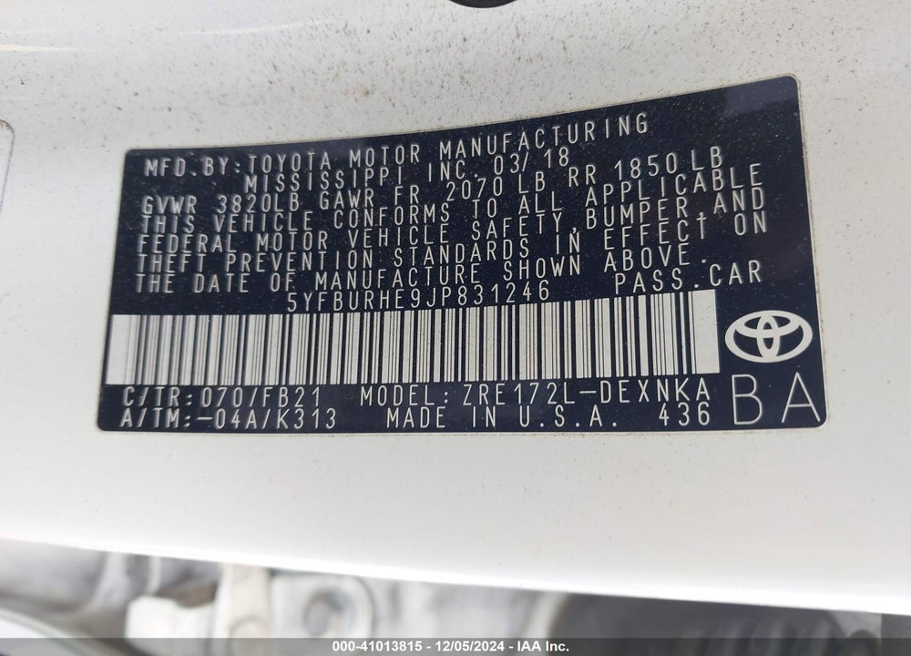 2018 TOYOTA COROLLA VIN: 5YFBURHE9JP831246