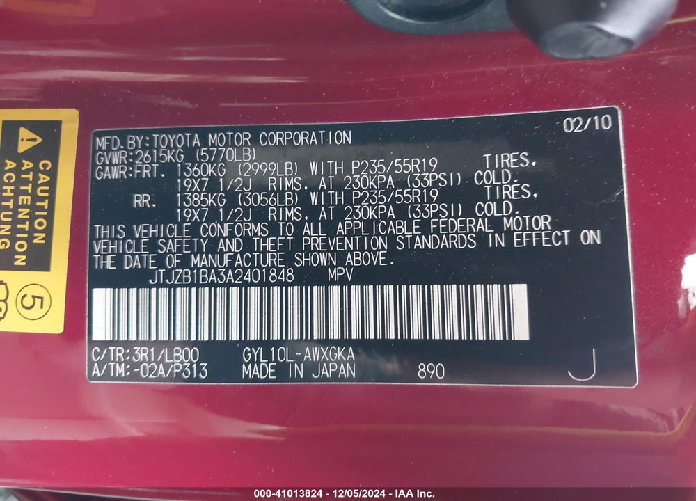 2010 LEXUS RX 450H VIN: JTJZB1BA3A2401848