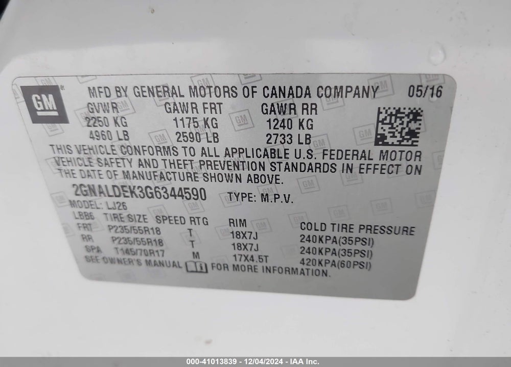 2016 CHEVROLET EQUINOX LTZ VIN: 2GNALDEK3G6344590