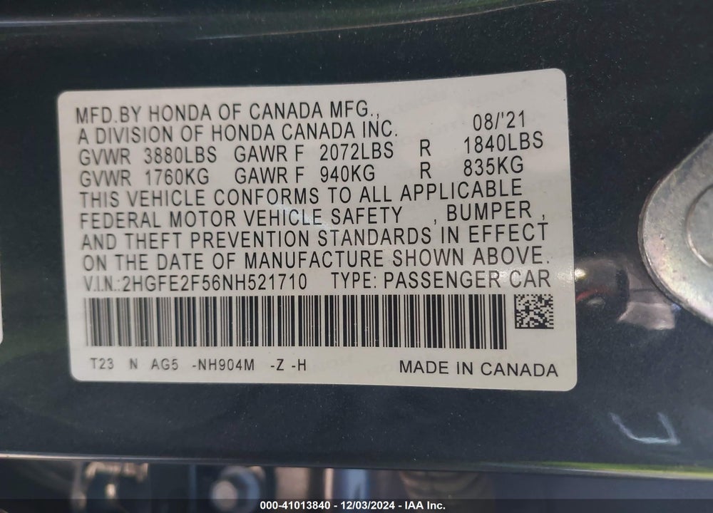 2022 HONDA CIVIC SPORT VIN: 2HGFE2F56NH521710