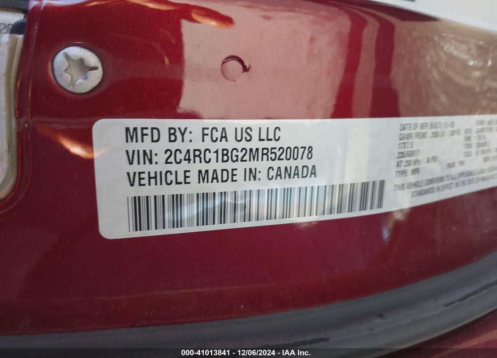 2021 CHRYSLER PACIFICA TOURING L VIN: 2C4RC1BG2MR520078