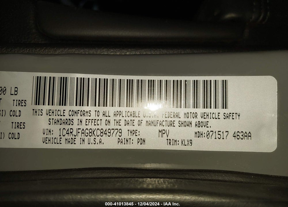 2019 JEEP GRAND CHEROKEE ALTITUDE 4X4 VIN: 1C4RJFAG8KC849779