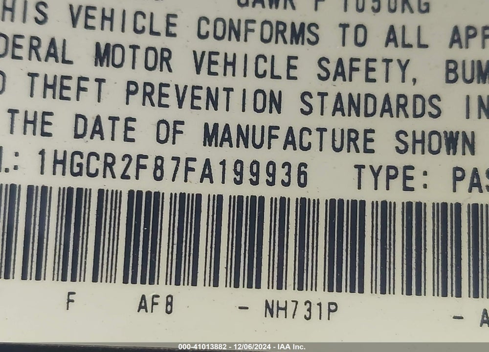 2015 HONDA ACCORD EX-L VIN: 1HGCR2F87FA199936
