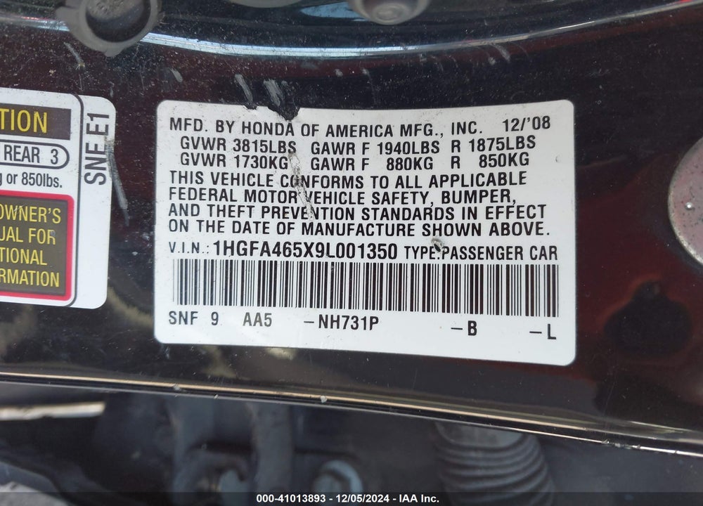 2009 HONDA CIVIC GX VIN: 1HGFA465X9L001350