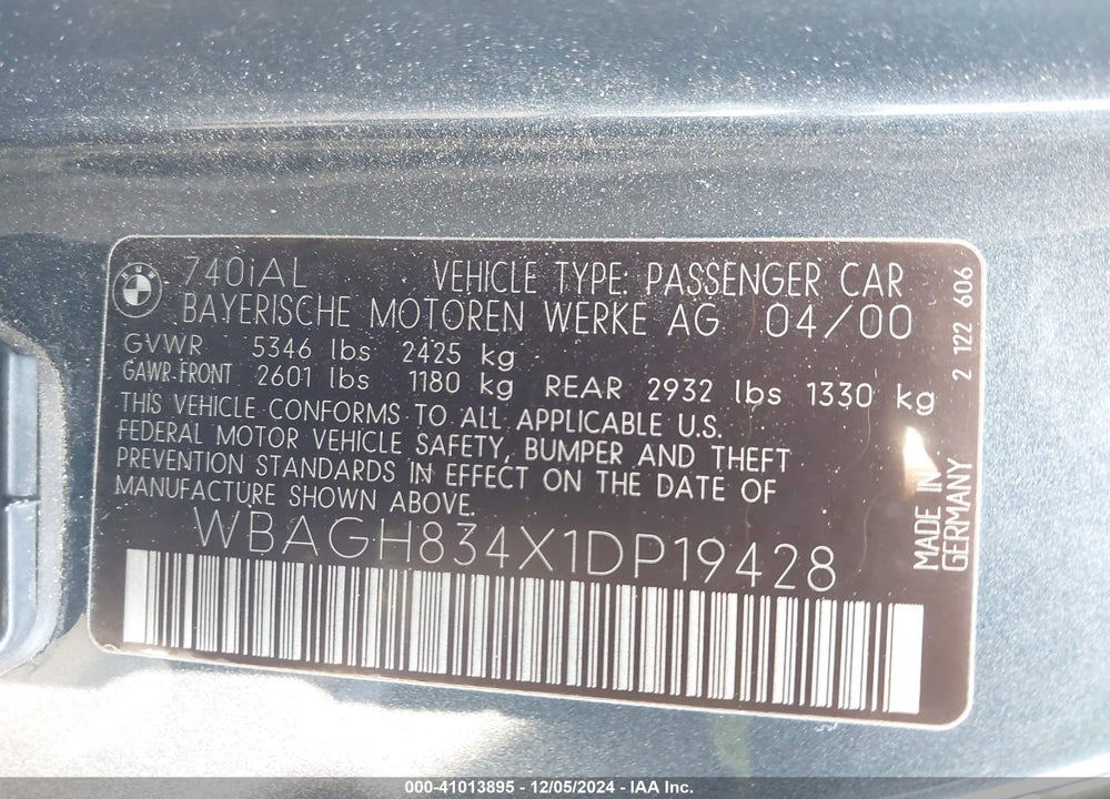 2001 BMW 740IL VIN: WBAGH834X1DP19428