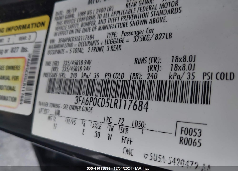 2020 FORD FUSION SEL VIN: 3FA6P0CD5LR117684