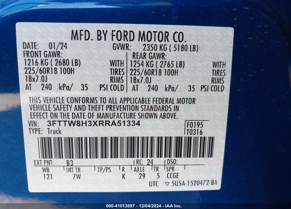 2024 FORD MAVERICK XLT VIN: 3FTTW8H3XRRA51334