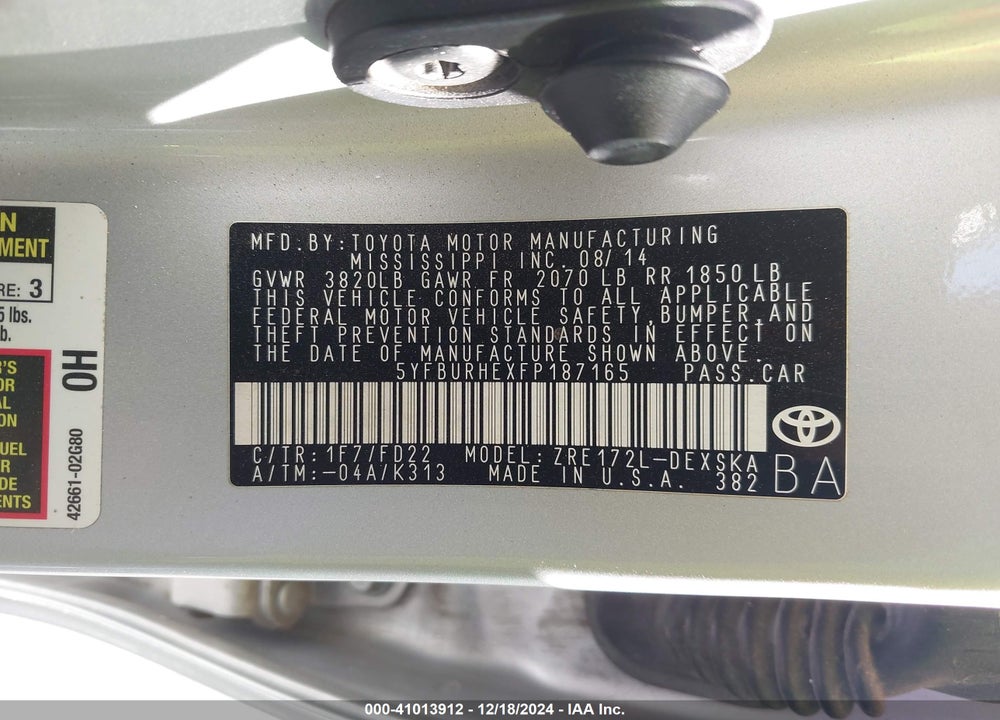 2015 TOYOTA COROLLA VIN: 5YFBURHEXFP187165