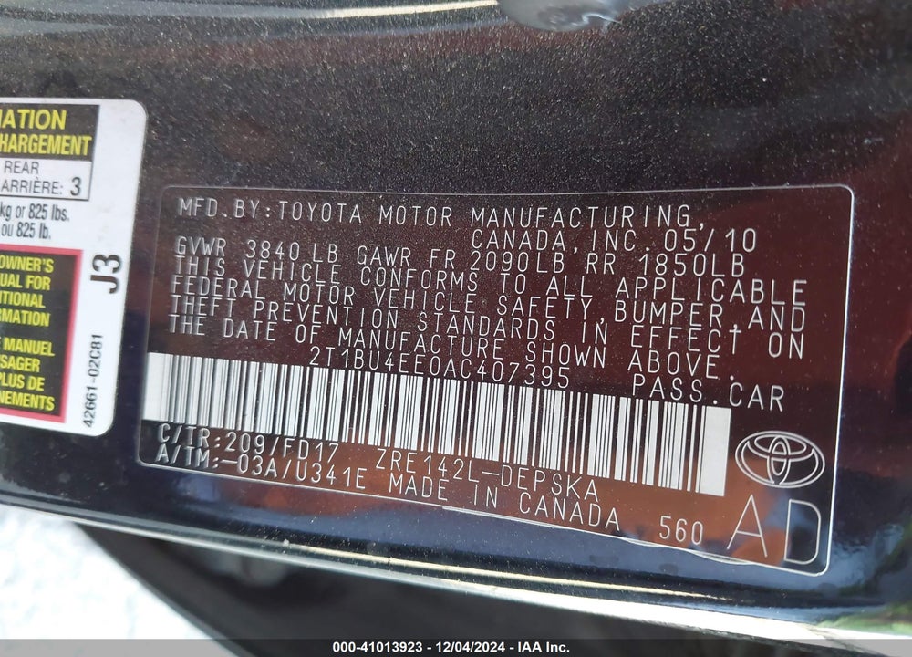 2010 TOYOTA COROLLA S VIN: 2T1BU4EE0AC407395