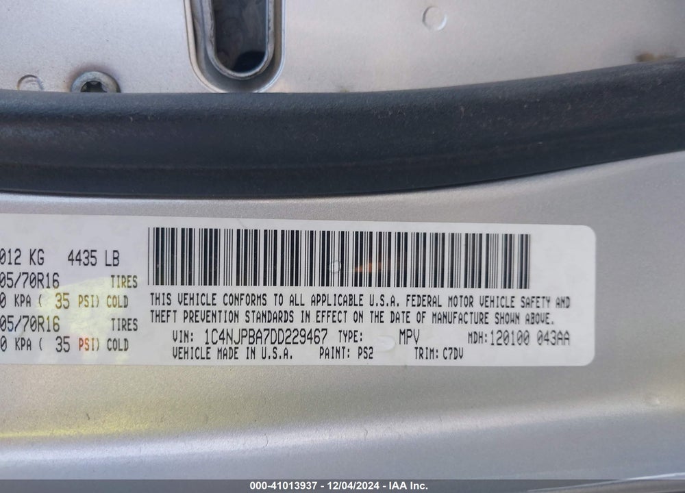 2013 JEEP PATRIOT SPORT VIN: 1C4NJPBA7DD229467