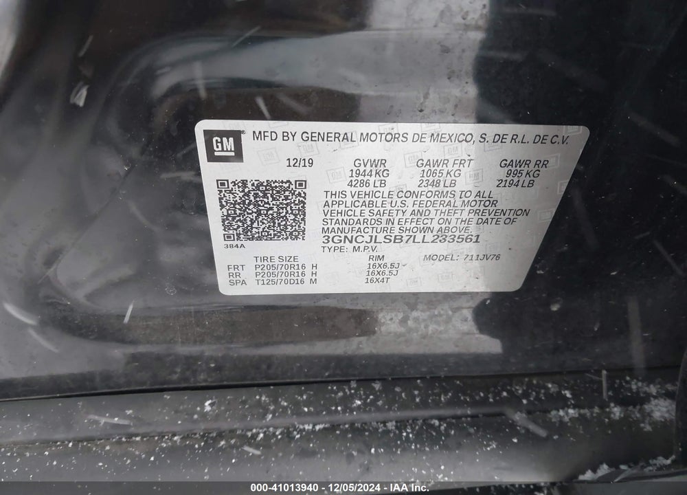 2020 CHEVROLET TRAX FWD LT VIN: 3GNCJLSB7LL233561