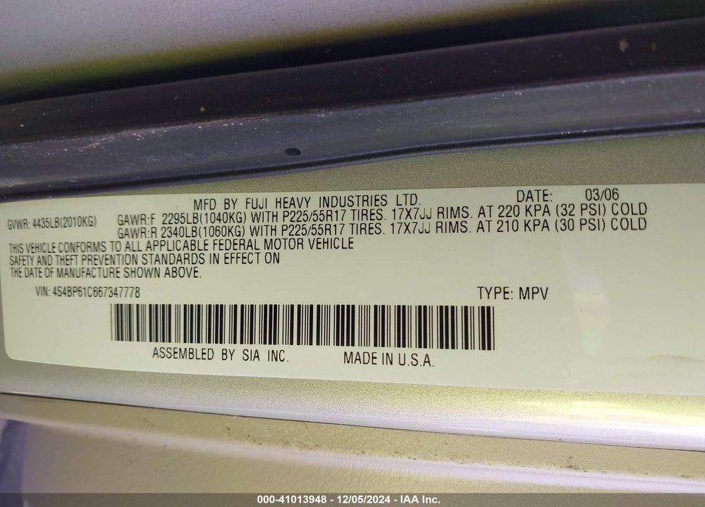 2006 SUBARU OUTBACK 2.5I VIN: 4S4BP61C667347778