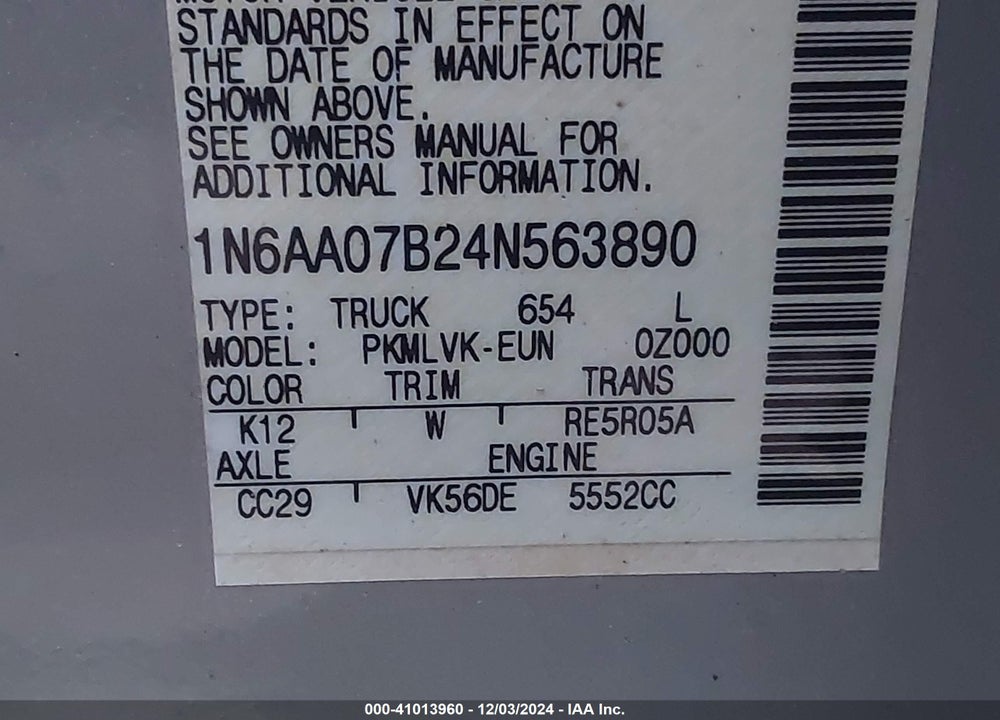 2004 NISSAN TITAN LE VIN: 1N6AA07B24N563890
