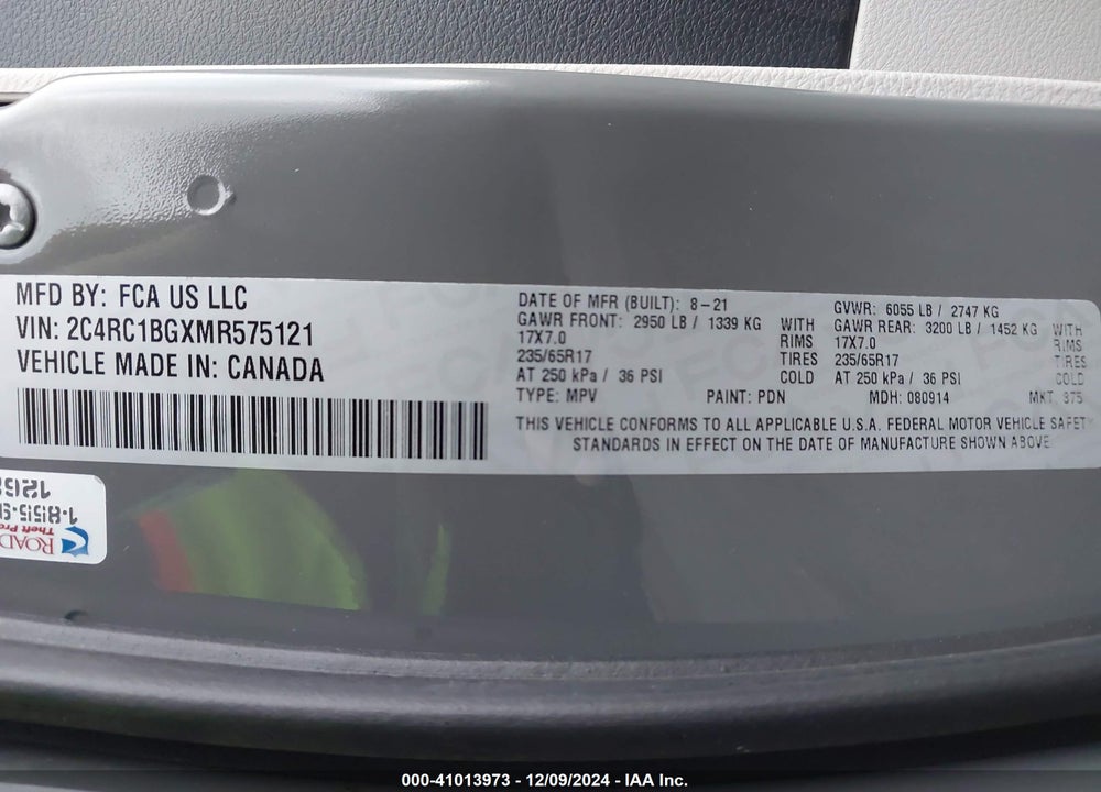 2021 CHRYSLER PACIFICA TOURING L VIN: 2C4RC1BGXMR575121