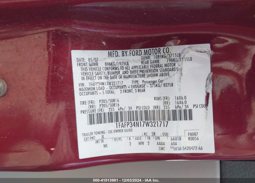 2007 FORD FOCUS S/SE/SES VIN: 1FAFP34N17W321717