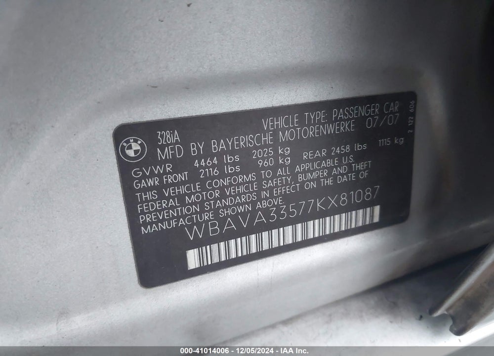 2007 BMW 328I VIN: WBAVA33577KX81087