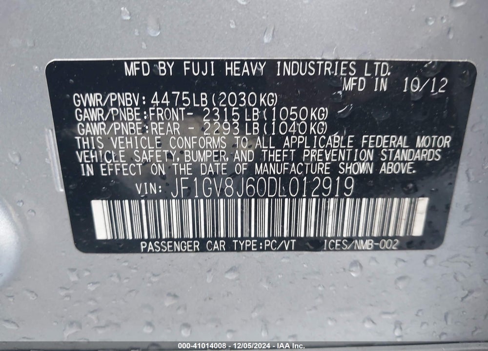 2013 SUBARU IMPREZA WRX VIN: JF1GV8J60DL012919