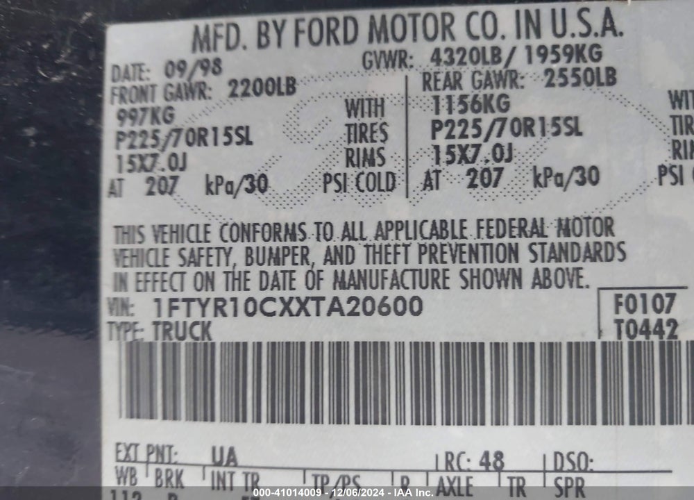 1999 FORD RANGER XL/XLT VIN: 1FTYR10CXXTA20600
