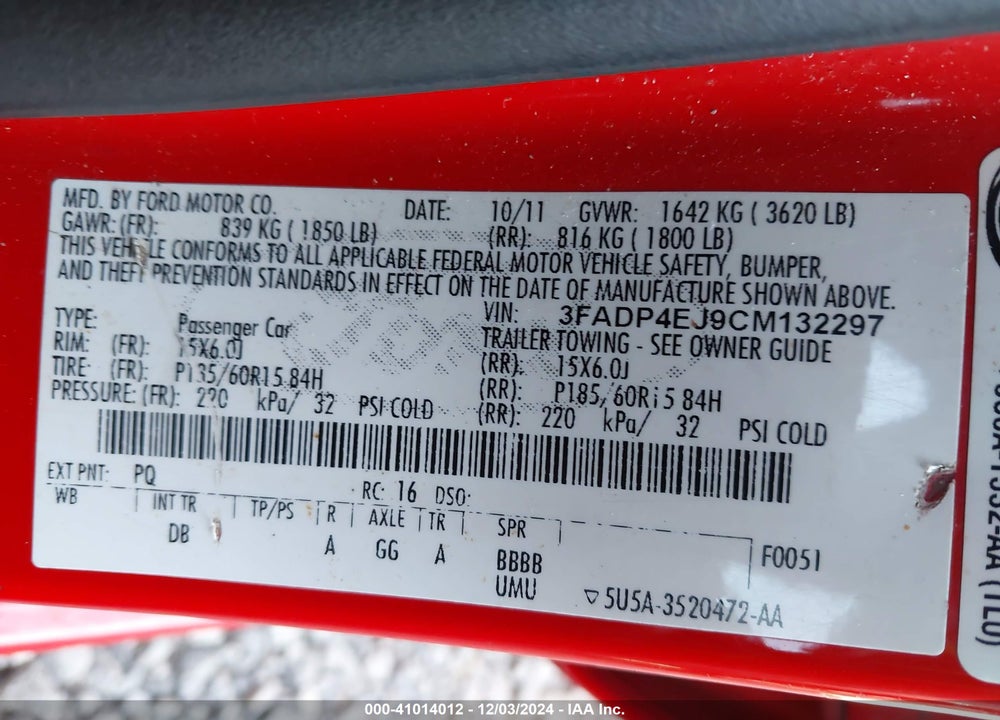 2012 FORD FIESTA SE VIN: 3FADP4EJ9CM132297
